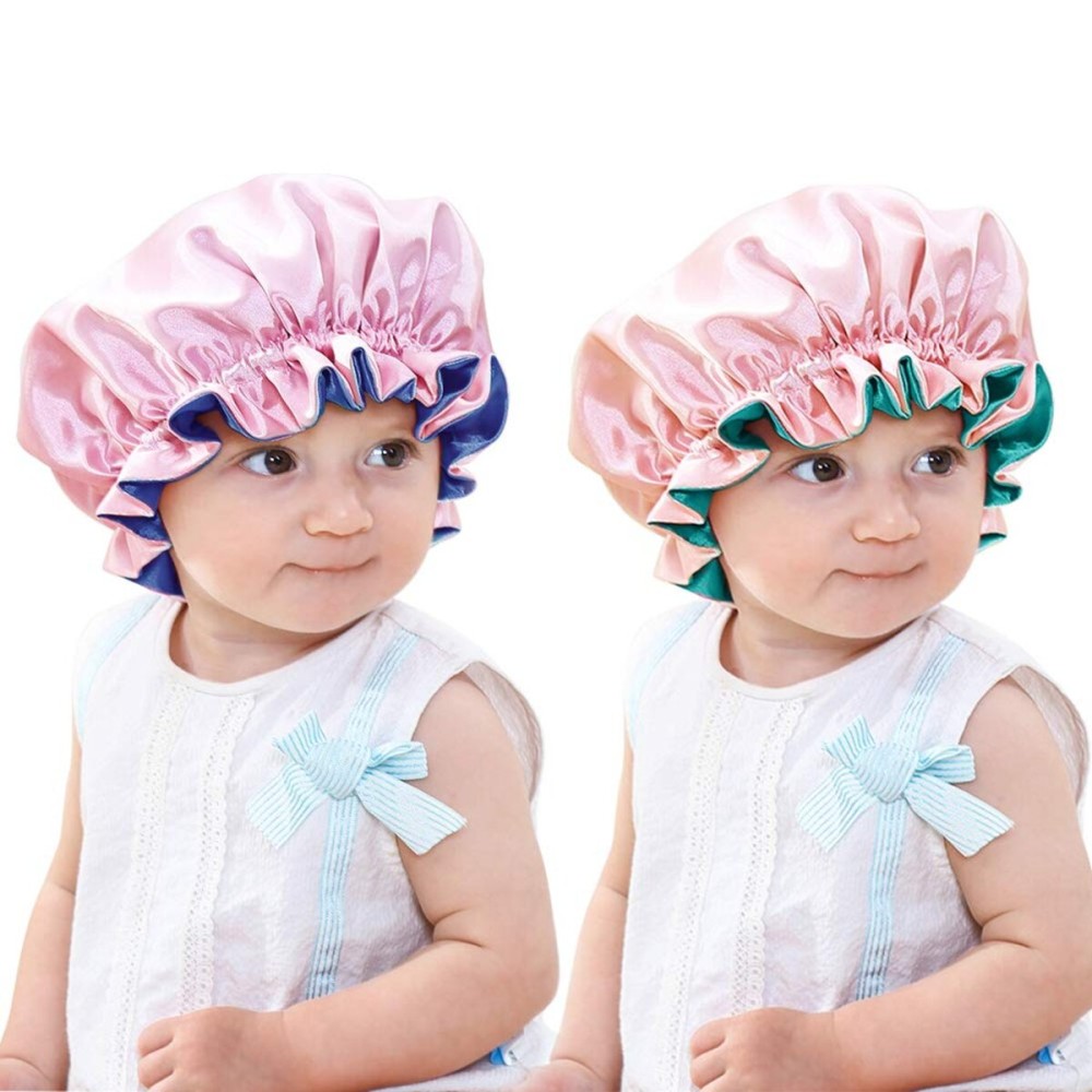 sent hair 2 Pieces Kids Satin Bonnet Silky Hair Bonnet for Sleeping, Double Layer Night Sleep Cap for 0-3 Years Old Kids Baby Toddlers Children, Adjustable Nightcap with Elastic Band (Blue & Green)