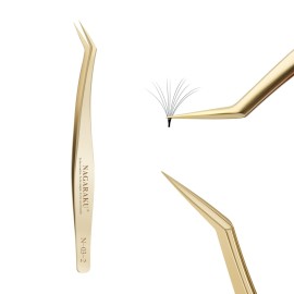 NAGARAKU Tweezers for Eyelash Extensions Gold Curved Angled Long tip Volume Cluster Super Light Weight Easy Fanning Tweezers Stainless Steel Precision (N-03-2)