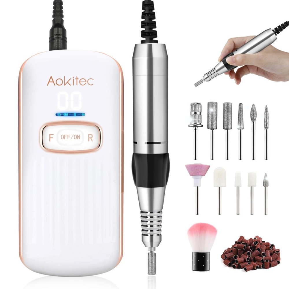Aokitec Electric Nail Drill Portable Efile Nail File Kit for Acrylic Gel Nails Professional 35000rpm Manicure Pedicure Polishing Shape Tools for Home Salon Use, Low Heat &Low Noise