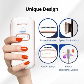 Aokitec Electric Nail Drill Portable Efile Nail File Kit for Acrylic Gel Nails Professional 35000rpm Manicure Pedicure Polishing Shape Tools for Home Salon Use, Low Heat &Low Noise
