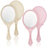 Jetec 2 Pieces Vintage Handheld Mirror Portable Embossed Flower Mirror Hand Held Decorative Compact with Handle for Face Makeup Travel Personal Cosmetic Salon(Pink, Cream)