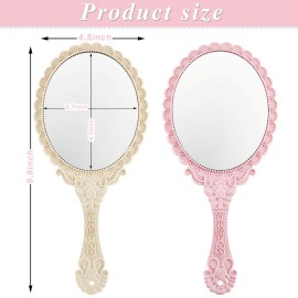 Jetec 2 Pieces Vintage Handheld Mirror Portable Embossed Flower Mirror Hand Held Decorative Compact with Handle for Face Makeup Travel Personal Cosmetic Salon(Pink, Cream)