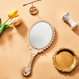 Jetec 2 Pieces Vintage Handheld Mirror Portable Embossed Flower Mirror Hand Held Decorative Compact with Handle for Face Makeup Travel Personal Cosmetic Salon(Pink, Cream)