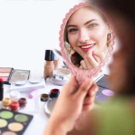 Jetec 2 Pieces Vintage Handheld Mirror Portable Embossed Flower Mirror Hand Held Decorative Compact with Handle for Face Makeup Travel Personal Cosmetic Salon(Pink, Cream)