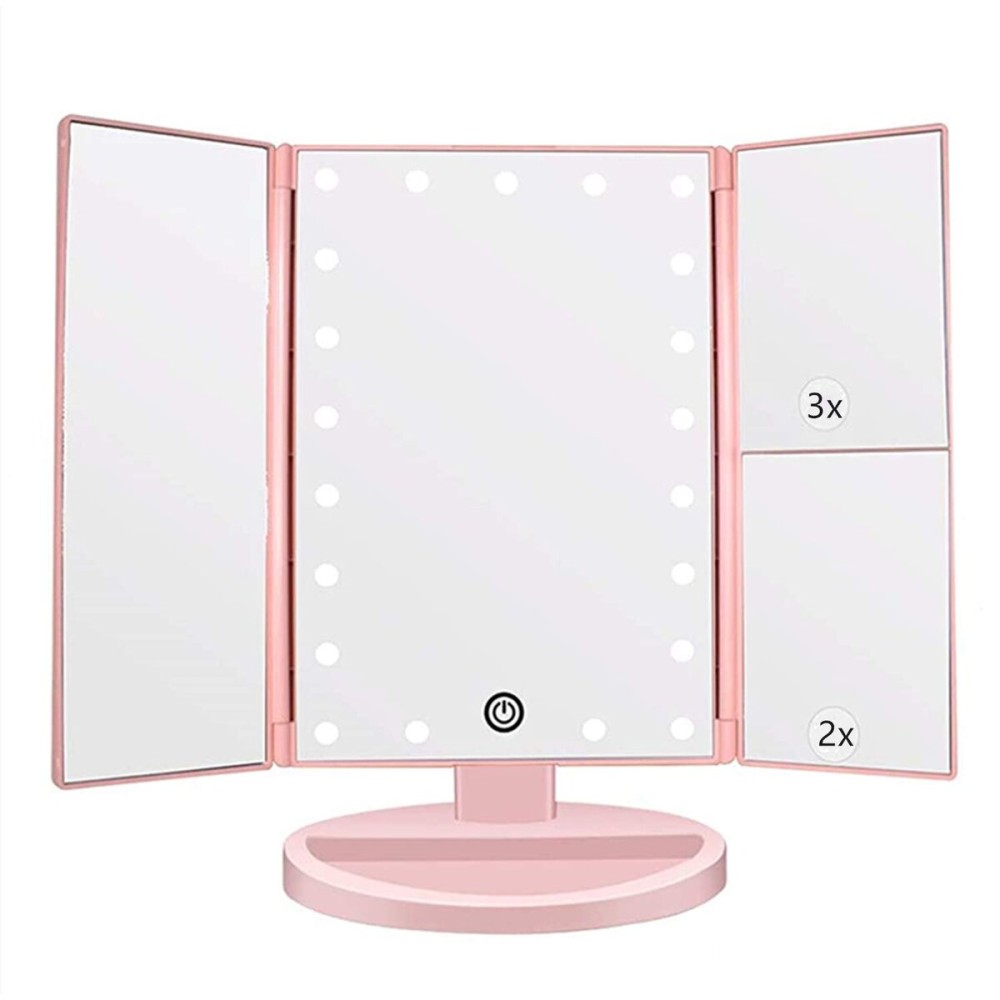 Flymiro Tri-fold Lighted Vanity Makeup Mirror with 3x/2x Magnification,21 LED Lights and Touch Screen,180 Degrees Free Rotation Countertop Cosmetic Mirror,Travel(Pink)