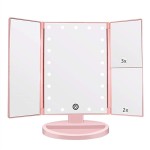 Flymiro Tri-fold Lighted Vanity Makeup Mirror with 3x/2x Magnification,21 LED Lights and Touch Screen,180 Degrees Free Rotation Countertop Cosmetic Mirror,Travel(Pink)