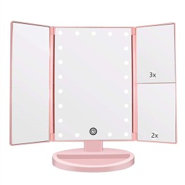 Flymiro Tri-fold Lighted Vanity Makeup Mirror with 3x/2x Magnification,21 LED Lights and Touch Screen,180 Degrees Free Rotation Countertop Cosmetic Mirror,Travel(Pink)