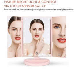 Flymiro Tri-fold Lighted Vanity Makeup Mirror with 3x/2x Magnification,21 LED Lights and Touch Screen,180 Degrees Free Rotation Countertop Cosmetic Mirror,Travel(Pink)