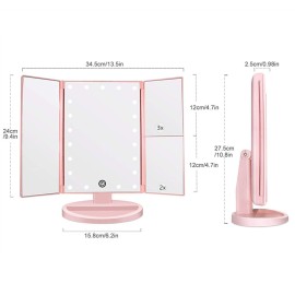 Flymiro Tri-fold Lighted Vanity Makeup Mirror with 3x/2x Magnification,21 LED Lights and Touch Screen,180 Degrees Free Rotation Countertop Cosmetic Mirror,Travel(Pink)