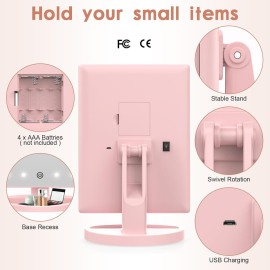 Flymiro Tri-fold Lighted Vanity Makeup Mirror with 3x/2x Magnification,21 LED Lights and Touch Screen,180 Degrees Free Rotation Countertop Cosmetic Mirror,Travel(Pink)