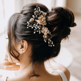 AW BRIDAL Bridal Hair Comb Pearl Flower Wedding Hair Pieces for Bride Hair Accessories Wedding Hair Comb Clips (Gold)