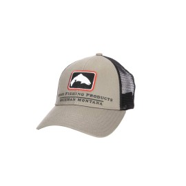 Simms Trout Icon Trucker Hat - Snapback Baseball Cap with Trout Fish, Tan