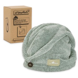 myHomeBody Hair Towel Wrap, Luxury Quick Drying Turban, Ultra Soft Absorbent Charcoal Fiber Cap, with Coconut Shell Button - Pine Green