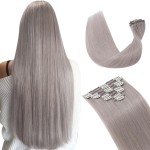 Hairro Clip in Hair Extensions 100% Human Hair Thin Grey 12 Inch Short Straight Human Hair Clip on Hairpieces 55g Machine Weft 8pcs 18 Clips for Women