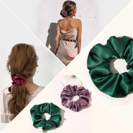 Silk Scrunchies for Girls and Women - Cute Hairties for Thick, Curl, or Fine Hair, No Crease Soft Hair Accessories, Ponytail Holders (Burgundy, Purple, Pink, Green)