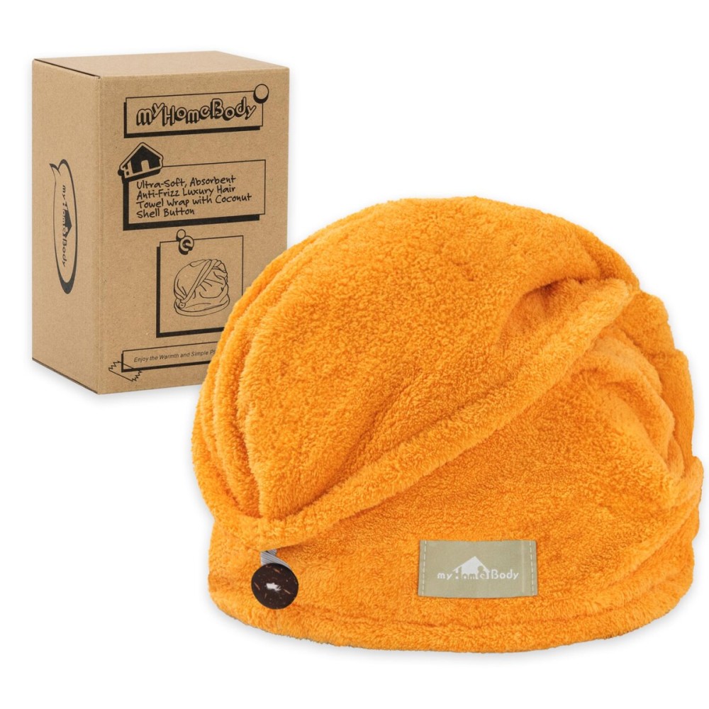 myHomeBody Hair Towel Wrap, Luxury Quick Drying Turban, Ultra Soft Absorbent Charcoal Fiber Cap, with Coconut Shell Button- Mango