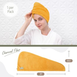 myHomeBody Hair Towel Wrap, Luxury Quick Drying Turban, Ultra Soft Absorbent Charcoal Fiber Cap, with Coconut Shell Button- Mango