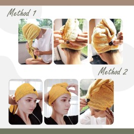 myHomeBody Hair Towel Wrap, Luxury Quick Drying Turban, Ultra Soft Absorbent Charcoal Fiber Cap, with Coconut Shell Button- Mango