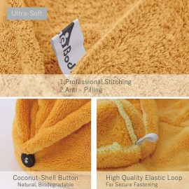 myHomeBody Hair Towel Wrap, Luxury Quick Drying Turban, Ultra Soft Absorbent Charcoal Fiber Cap, with Coconut Shell Button- Mango