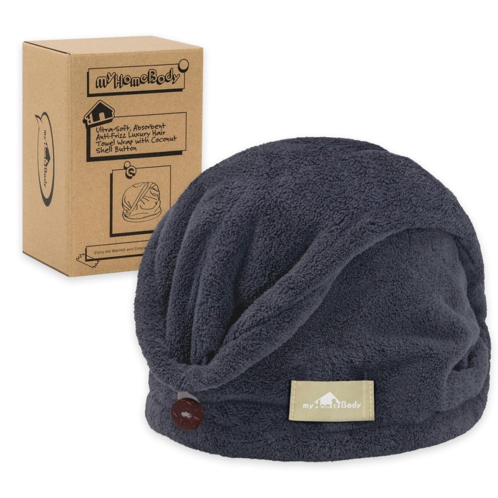 myHomeBody Hair Towel Wrap, Luxury Quick Drying Turban, Ultra Soft Absorbent Charcoal Fiber Cap, with Coconut Shell Button - Midnight Blue