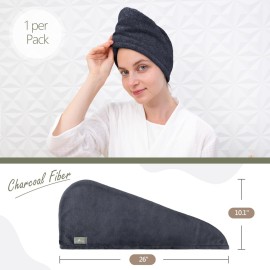 myHomeBody Hair Towel Wrap, Luxury Quick Drying Turban, Ultra Soft Absorbent Charcoal Fiber Cap, with Coconut Shell Button - Midnight Blue