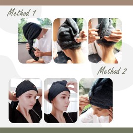 myHomeBody Hair Towel Wrap, Luxury Quick Drying Turban, Ultra Soft Absorbent Charcoal Fiber Cap, with Coconut Shell Button - Midnight Blue