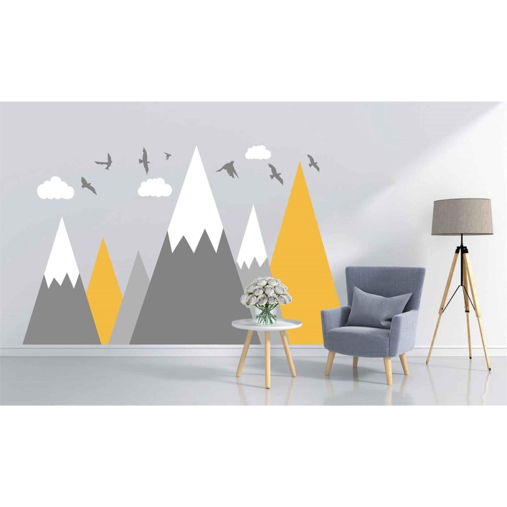 Mountain Wall Decal Baby Room Nursery Adventure Theme Cloud Birds Vinyl Wall Stickers BA972 (Color 1-Yellow, 71X43.inches)