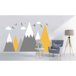 Mountain Wall Decal Baby Room Nursery Adventure Theme Cloud Birds Vinyl Wall Stickers BA972 (Color 1-Yellow, 71X43.inches)