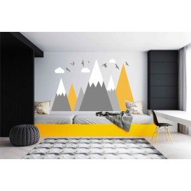 Mountain Wall Decal Baby Room Nursery Adventure Theme Cloud Birds Vinyl Wall Stickers BA972 (Color 1-Yellow, 71X43.inches)