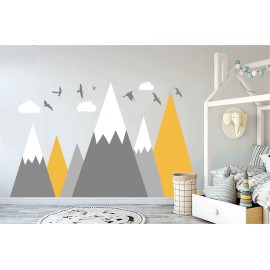 Mountain Wall Decal Baby Room Nursery Adventure Theme Cloud Birds Vinyl Wall Stickers BA972 (Color 1-Yellow, 71X43.inches)