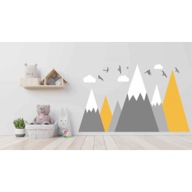 Mountain Wall Decal Baby Room Nursery Adventure Theme Cloud Birds Vinyl Wall Stickers BA972 (Color 1-Yellow, 71X43.inches)