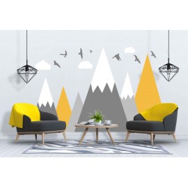 Mountain Wall Decal Baby Room Nursery Adventure Theme Cloud Birds Vinyl Wall Stickers BA972 (Color 1-Yellow, 71X43.inches)