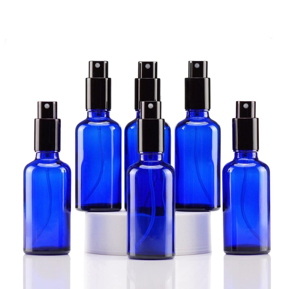YIZHAO Blue Glass Spray Bottles 2oz, with Small Fine Mist Spray, Metal Cap, Refillable for Essential Oil,Travel,Cleaning,Perfume,Aromatherapy,Makeup - 6 Pcs