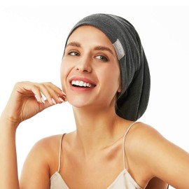 ELIHAIR 2pcs Sleep Beanie Cap Lined Silky Satin Bonnet Adjustable Soft Slouchy Hats for Women and Girls Frizzy Hair Cover(Adult Black and Dark Gray)