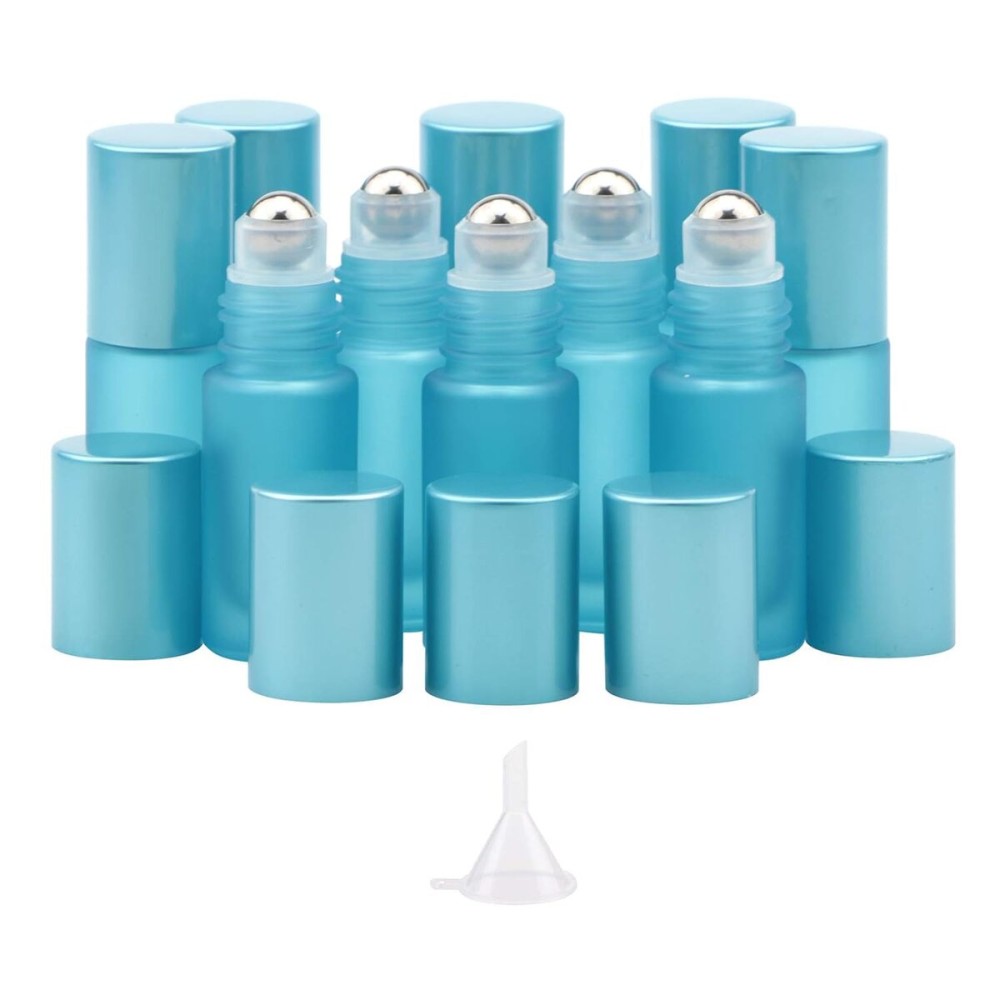 Kesell 10 Pack - 5ml Refillable Frosted Glass Roller Bottles Essential Oil Roller Bottle Vials with Stainless Steel Roller Ball and Aluminum Cap - Light Blue Color Travel Perfume Bottles