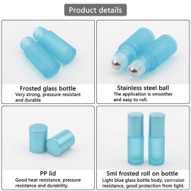 Kesell 10 Pack - 5ml Refillable Frosted Glass Roller Bottles Essential Oil Roller Bottle Vials with Stainless Steel Roller Ball and Aluminum Cap - Light Blue Color Travel Perfume Bottles