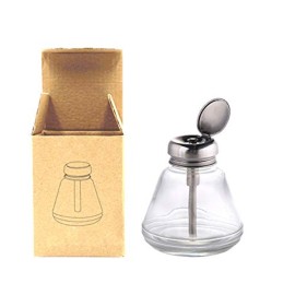 1 Pcs,6 Oz Clear Glass Dispenser Bottle for Nail Polish,Empty Push Down Alcohol Pump Sanitizer Container with Stainless Steel Cap,Metal Core Makeup Remover Holder