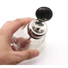 1 Pcs,6 Oz Clear Glass Dispenser Bottle for Nail Polish,Empty Push Down Alcohol Pump Sanitizer Container with Stainless Steel Cap,Metal Core Makeup Remover Holder
