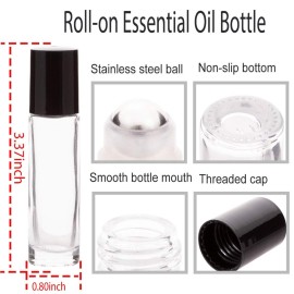 10ml Essential Oil Roller Bottles, 24 Pack Leak-proof Glass Roll on Bottles for Essential Oils, with Stainless Steel Roller Balls, 1 Extra Roller Ball, 24Labels, 1 Openers, 2 Droppers, Clear
