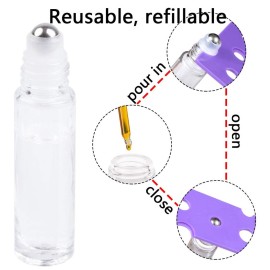 10ml Essential Oil Roller Bottles, 24 Pack Leak-proof Glass Roll on Bottles for Essential Oils, with Stainless Steel Roller Balls, 1 Extra Roller Ball, 24Labels, 1 Openers, 2 Droppers, Clear
