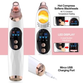 Blackhead Remover Pore Vacuum with Hot Compress- 2025 Upgraded Electric Face Cleaner Pore Extractor Pimple Extractor Acne White Heads Removal Tool with 5 Suction Head LCD Screen and Base