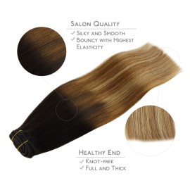 WENNALIFE Clip in Hair Extensions Real Human Hair, 24 Inch 120g 7pcs Dark Brown to Chestnut Brown and Dirty Blonde Highlighted Clip In Human Hair Remy Clip in Hair Extensions Double Weft