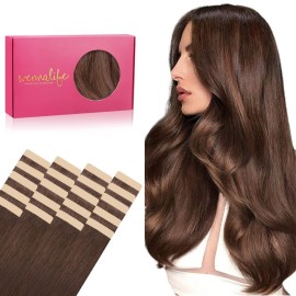 WENNALIFE Tape in Hair Extensions Human Hair, 20pcs 50g 14 inch Chocolate Brown Remy Hair Extensions Straight Human Hair Tape in Extensions Skin Weft Tape Extensions Human Hair