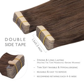 WENNALIFE Tape in Hair Extensions Human Hair, 20pcs 50g 14 inch Chocolate Brown Remy Hair Extensions Straight Human Hair Tape in Extensions Skin Weft Tape Extensions Human Hair