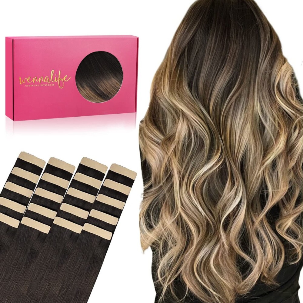 WENNALIFE Tape in Hair Extensions, 20pcs 14 Inch 50g Dark Brown to Chestnut Brown and Dirty Blonde Remy Human Hair, Coloured Tape Extensions WENNALIFE Tape in Hair Extensions, 20pcs 14 Inch 50g Dark Brown to Chestnut Brown and Dirty Blonde Remy Human Hair, Coloured Tape Extensions