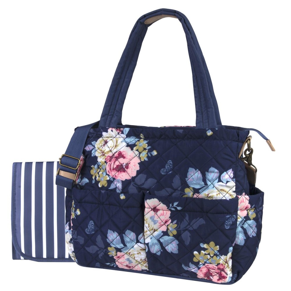 Quilted Diaper Bag Crossbody Tote Purse with Changing Pad & 10 Pockets in Blue