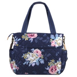 Quilted Diaper Bag Crossbody Tote Purse with Changing Pad & 10 Pockets in Blue