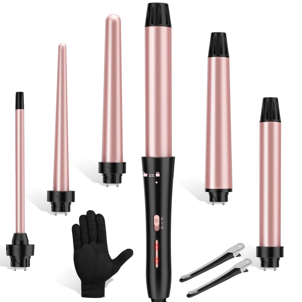 Curling Iron Set, USHOW 6 in 1 Curling Wand Set Hair Iron Kit Instant Heat Up Hair Curler with 6 Interchangeable Tourmaline Ceramic Barrels (0.35\'\' to 1.25\'\') Temperature Adjustments, with Gloves