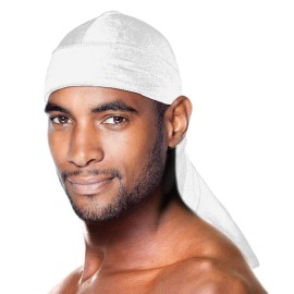 Beauty Town Velvet Long Tail Durag for 360 Waves Soft Stretchable Coconut Oil Treated (White)