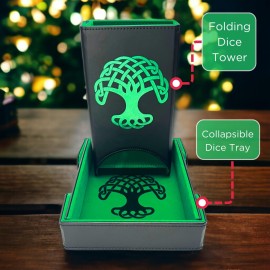 Luck Lab Folding Dice Tower and Dice Tray for RPG Table Top Gaming - Black/Green - Tree of Life Design